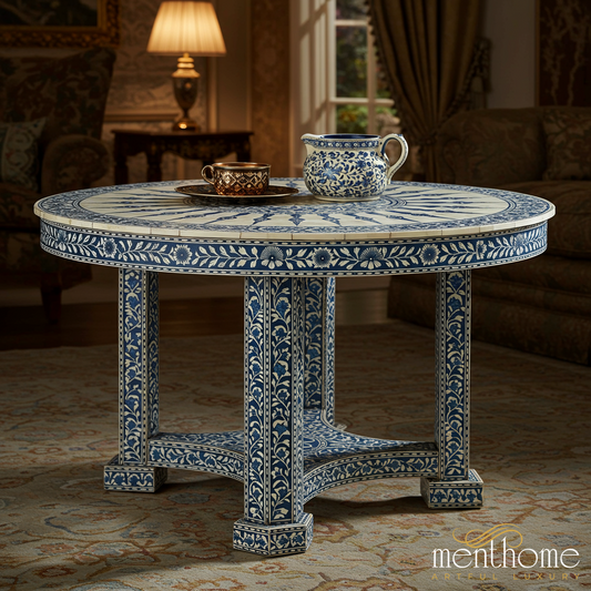 Handcrafted Floral Inlay Round Coffee Table | Luxury Handmade Coffee Table