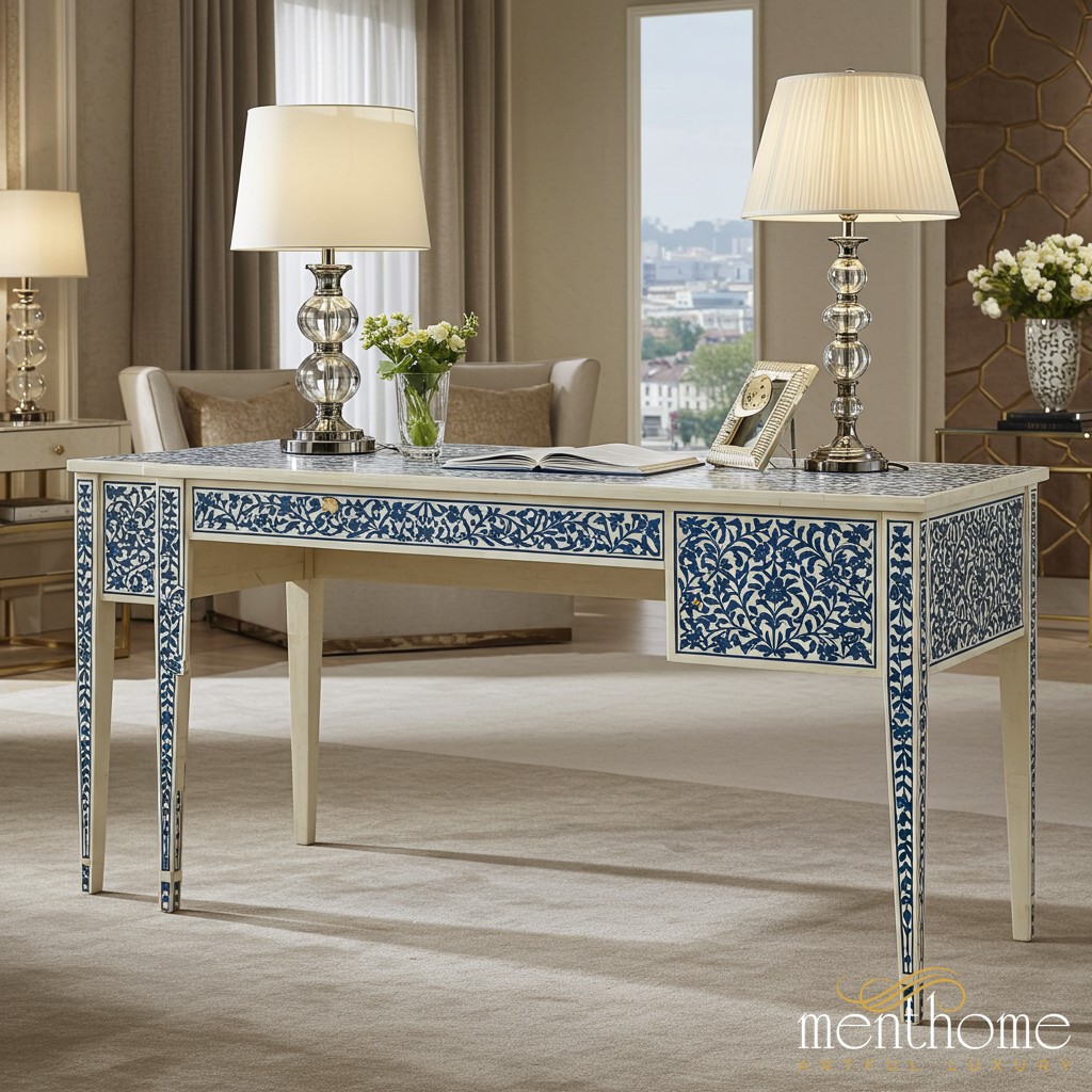 Elegant Blue and White Hand-Painted Floral Desk | Luxury Handmade Desk
