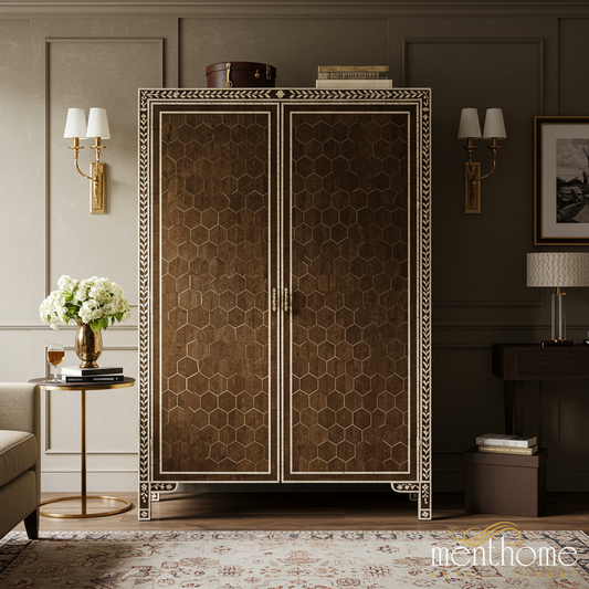 Elegant Wooden Inlaid Cabinet with Hexagonal Pattern | Luxury Handmade Wardrobe