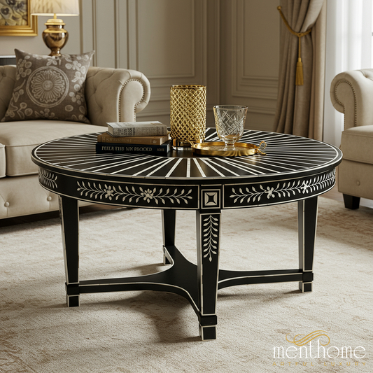 Elegant Black and White Inlaid Round Coffee Table | Luxury Handmade Coffee Table