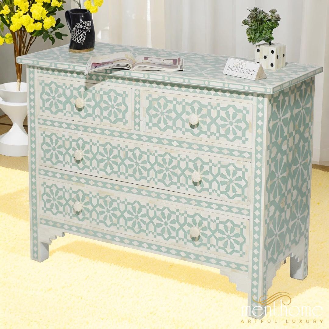 Arrow Pattern Bone Inlay Dresser with Four Drawers | Luxury Handmade Dresser