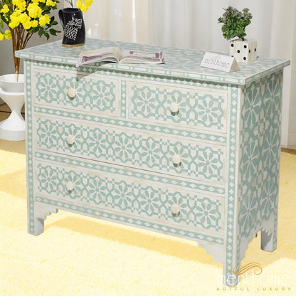 Arrow Pattern Bone Inlay Dresser with Four Drawers | Luxury Handmade Dresser
