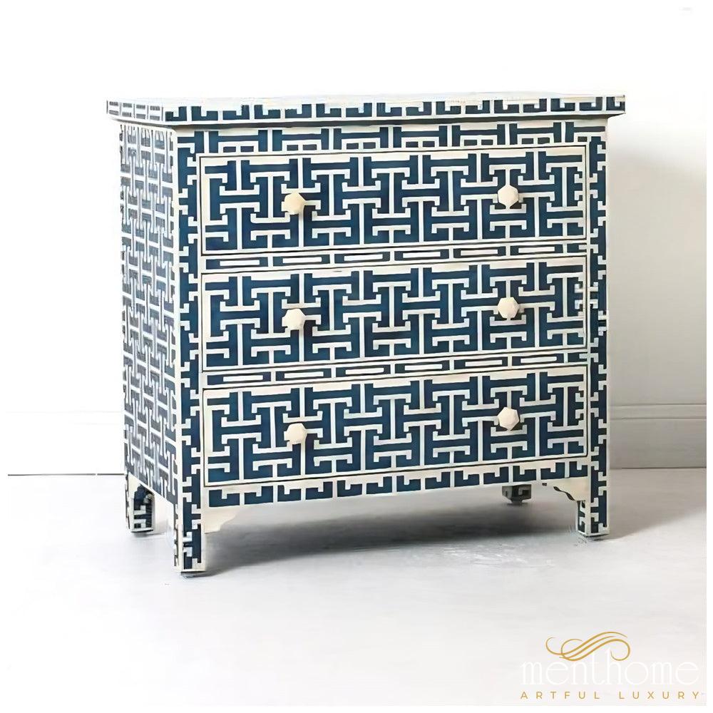 Bone Inlay 3 drawer dresser indigo blue | Luxury Handmade Dresser