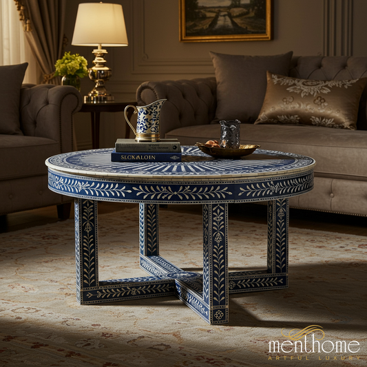 Hand-Painted Blue and White Round Coffee Table | Luxury Handmade Coffee Table