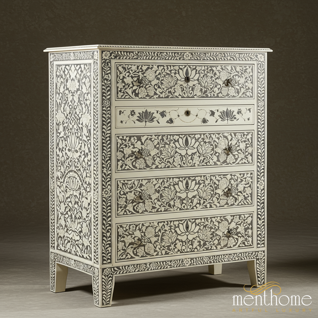 Handcrafted Floral Inlay Bone Chest of Drawers | Luxury Handmade Tallboy