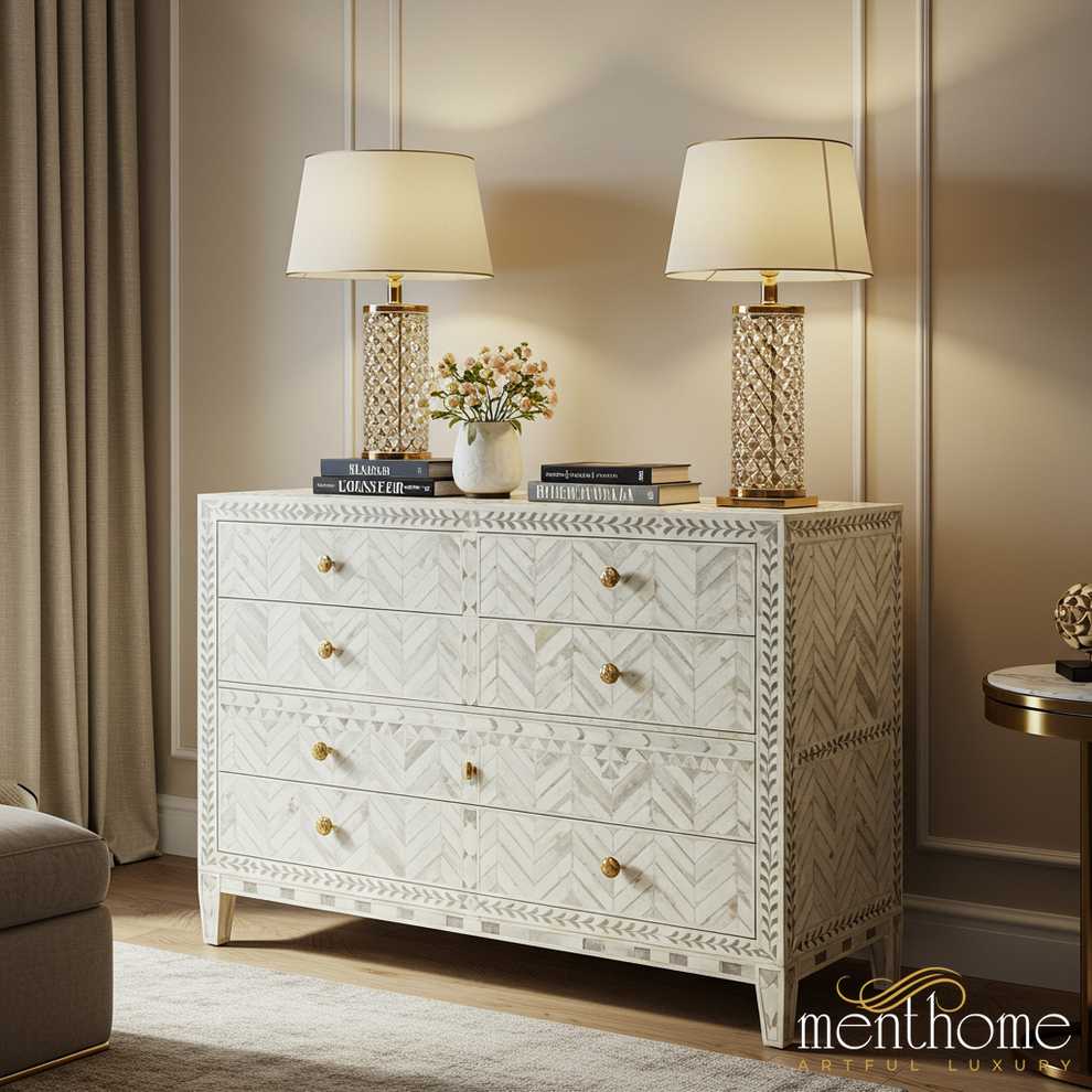Elegant Bone Inlay Chevron Chest of Drawers | Luxury Handmade Dresser   Menthome USA