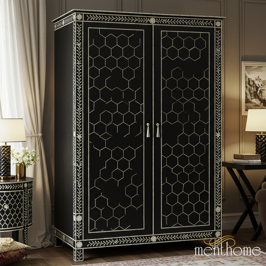 Black Decorative Wooden Armoire with Bone Inlay | Luxury Handmade Wardrobe