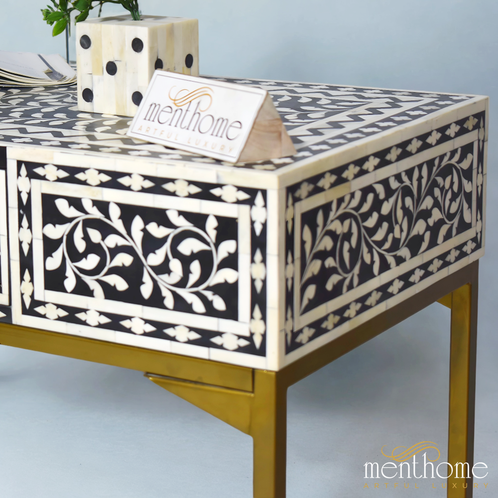 Floral 1 Drawer Bone Inlay Desk with Brass Leg | Luxury Handmade Desk