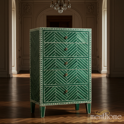 Emerald Green Geometric Inlaid Chest of Drawers | Luxury Handmade Tallboy