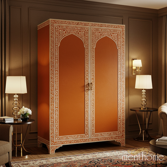 Handcrafted Wooden Wardrobe with Intricate White Inlay | Luxury Handmade Wardrobe