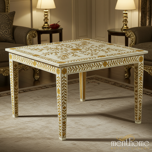 Handcrafted Floral Inlay Square Coffee Table | Luxury Handmade Coffee Table