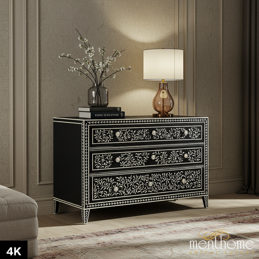 Black and White Floral Inlay Wooden Dresser | Luxury Handmade Chest of Drawer