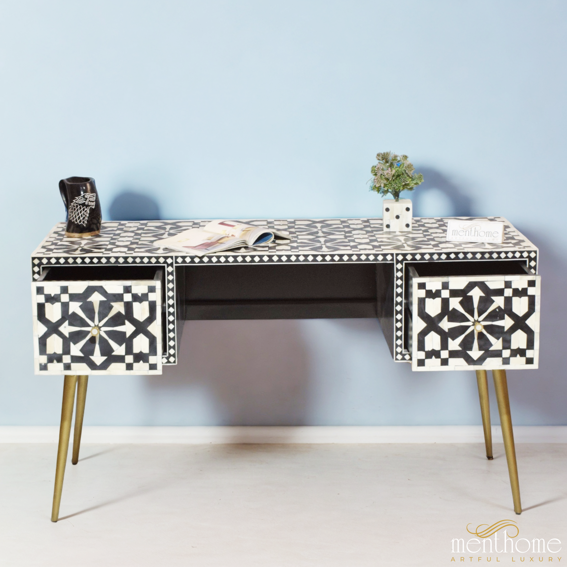 Black Bone Inlay 2-drawers Moroccan desk | Luxury Handmade Desk