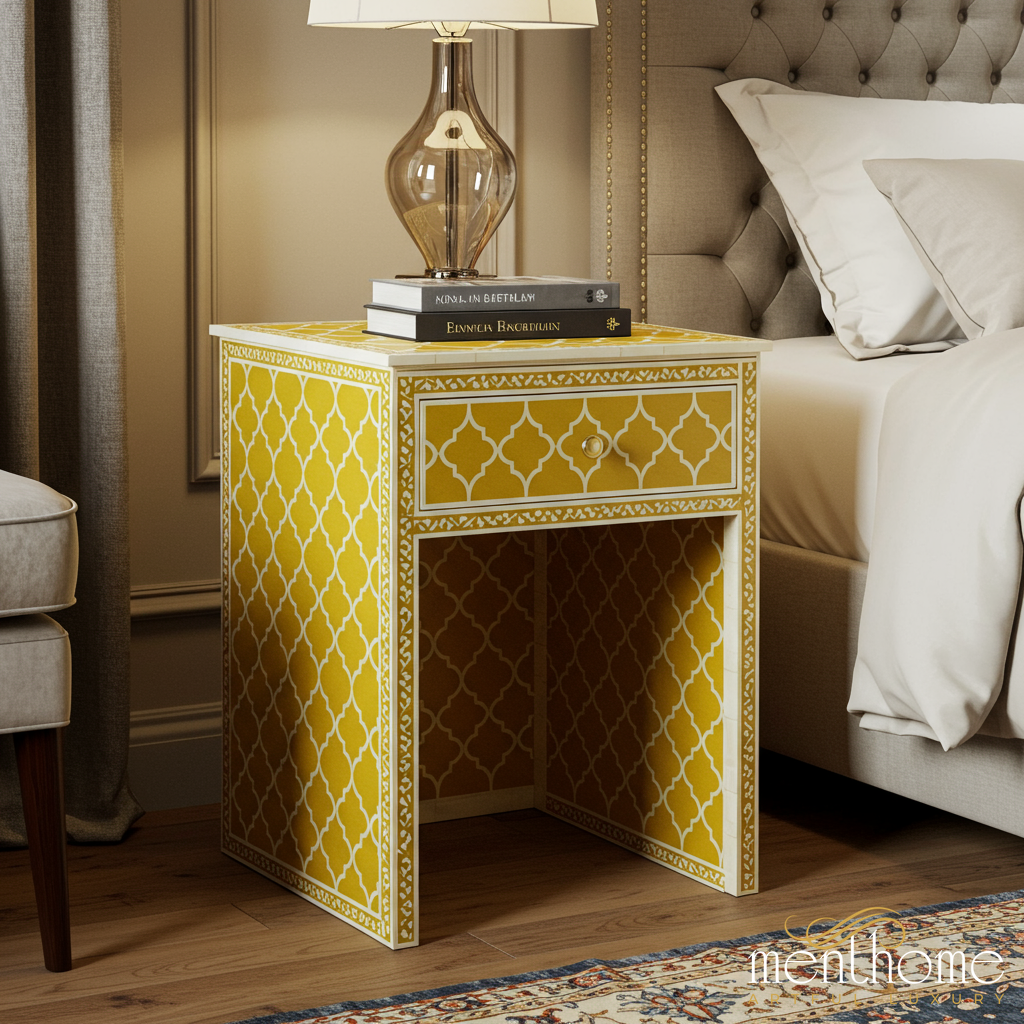 Bedside Table Patterned Yellow Patterned Bedside Table with Drawer | Luxury Handmade Bedside T ...