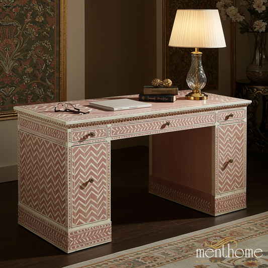 Handcrafted Pink and White Bone Inlay Desk | Luxury Handmade Desk