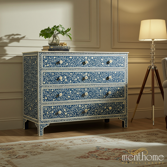 Blue Floral Hand-Painted Chest of Drawers | Luxury Handmade Chest of Drawer