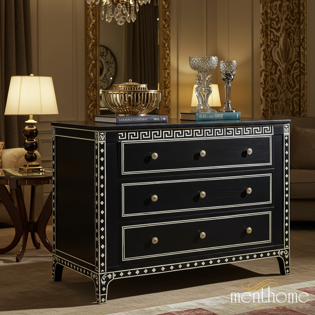 Elegant Black and White Inlay Wooden Dresser | Luxury Handmade Chest of Drawer