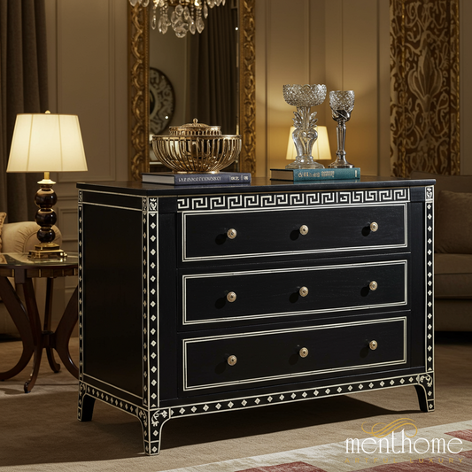 Elegant Black and White Inlay Wooden Dresser | Luxury Handmade Chest of Drawer