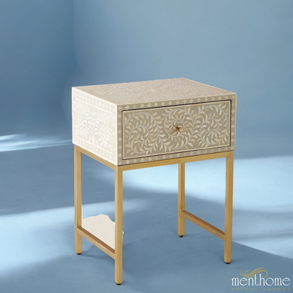 Metal Stand Floral Nightstand Bone Inlay One Drawer | Luxury Handmade Bedside Table