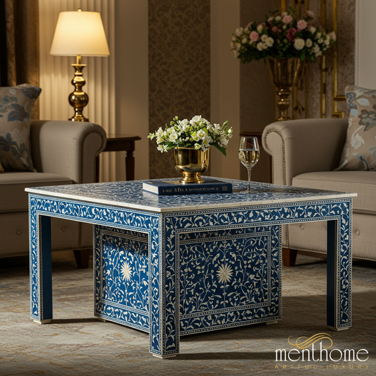 Blue Floral Inlay Square Coffee Table | Luxury Handmade Coffee Table