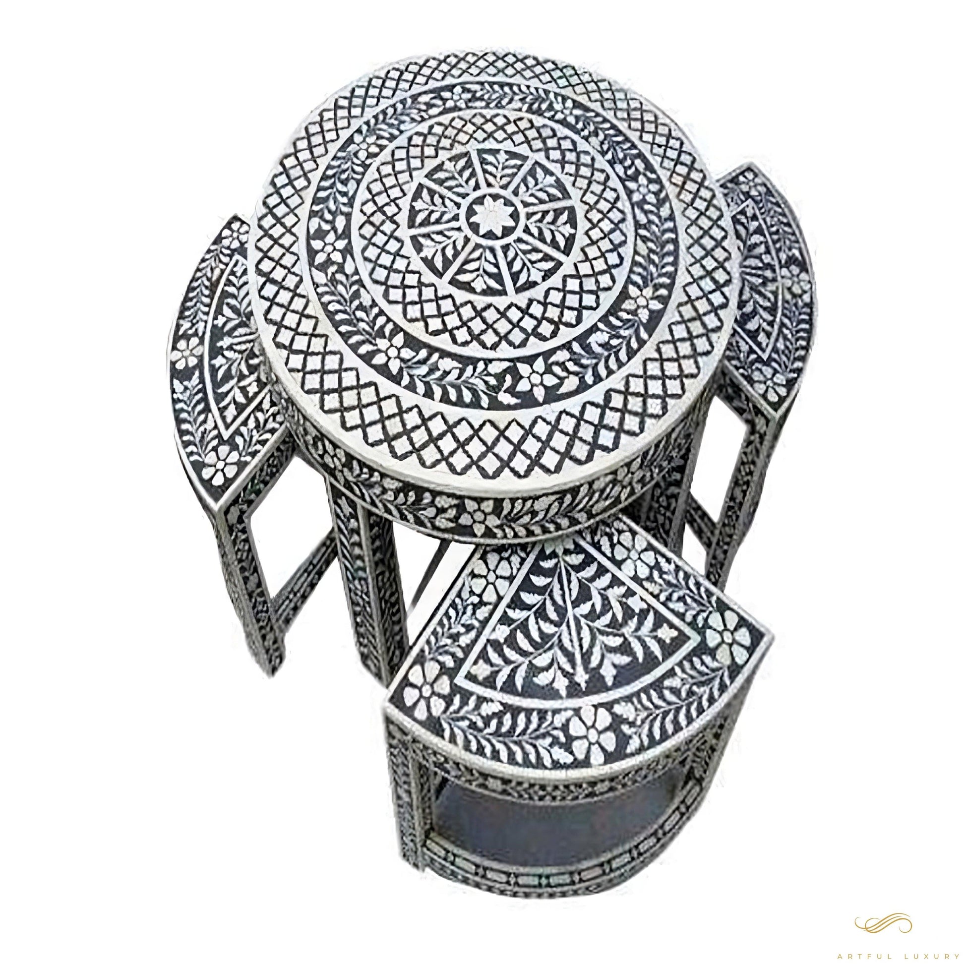 Antique Coffee Table | Bone Inlay 4 Triangular Stools | Luxury Handmade Coffee Table