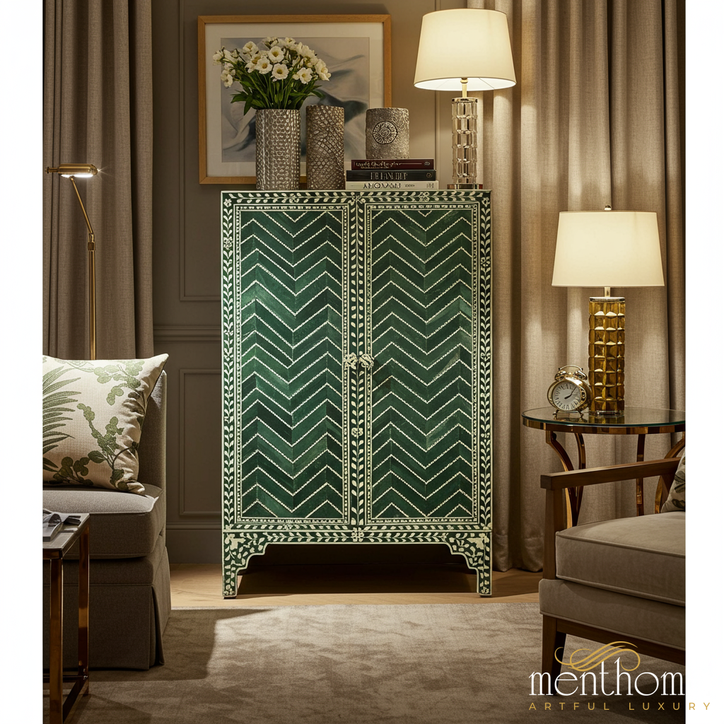 Handcrafted Green Bone Inlay Chevron Cabinet | Luxury Handmade Cabinet