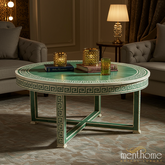 Elegant Green and White Round Coffee Table with Greek Key Design | Luxury Handmade Coffee Table