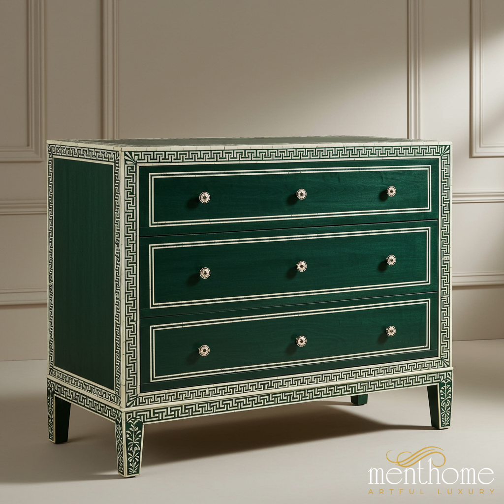 Elegant Green Wooden Chest of Drawers with Classic Inlay Design | Luxury Handmade Chest of Drawer