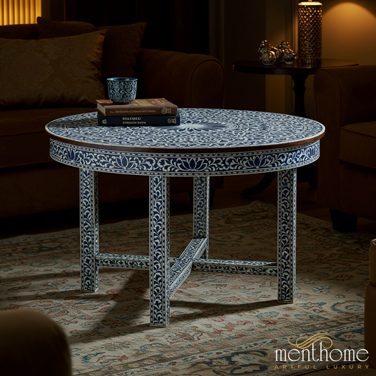 Handcrafted Blue and White Floral Mosaic Round Coffee Table | Luxury Handmade Coffee Table