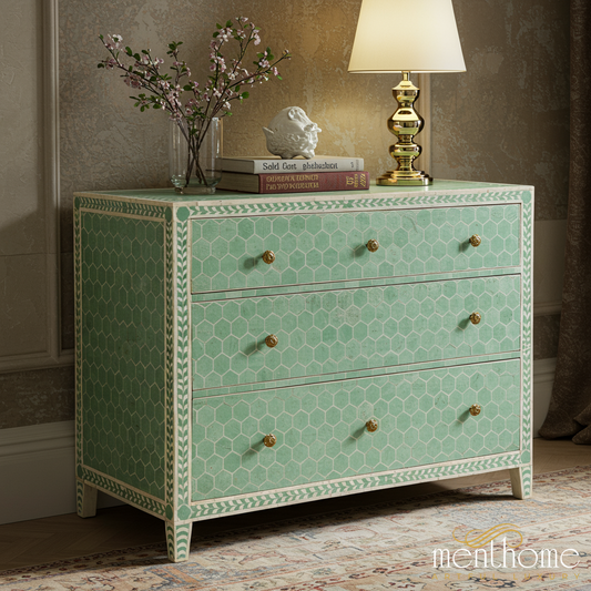 Decorative Mint Green Chest of Drawers with Hexagonal Pattern | Luxury Handmade Dresser