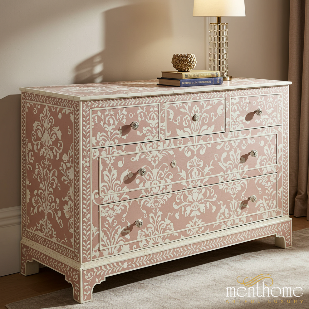 Decorative Pink And White Patterned Chest Of Drawers – Bone… – Menthome USA