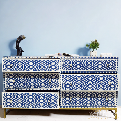 Navy Blue Bone Inlay Eye Cut pattern 6-Drawer Dresser | Luxury Handmade Dresser