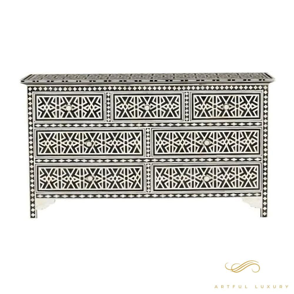 Handmade Bone inlay 7 Drawer dresser Black and White | Luxury Handmade Dresser