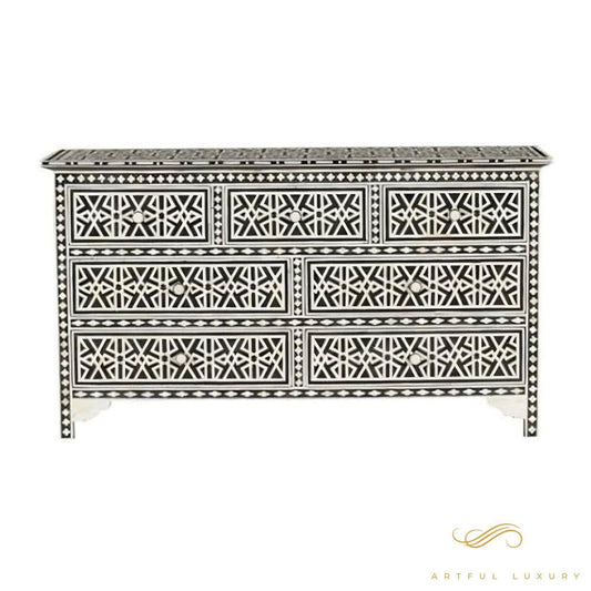 Handmade Bone inlay 7 Drawer dresser Black and White | Luxury Handmade Dresser