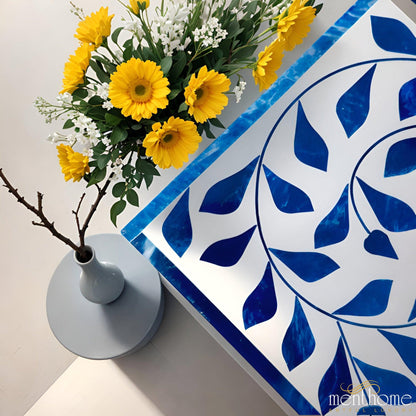 Floral Pattern 2-Drawer Resin Blue Bedside Table | Luxury Handmade Bedside Table