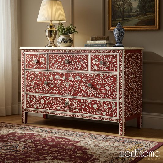 Handcrafted Red and White Floral Bone Inlay Dresser | Luxury Handmade Dresser