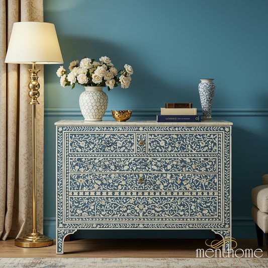 Blue Floral Pattern Inlaid Wooden Chest of Drawers | Luxury Handmade Dresser