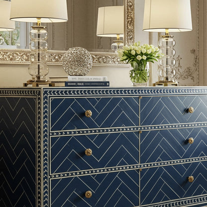 Elegant Navy Blue Chevron Pattern Dresser With Gold Accents Menthome USA Elegant Navy Blue Chevron Pattern Dresser With Gold Accents Menthome USA