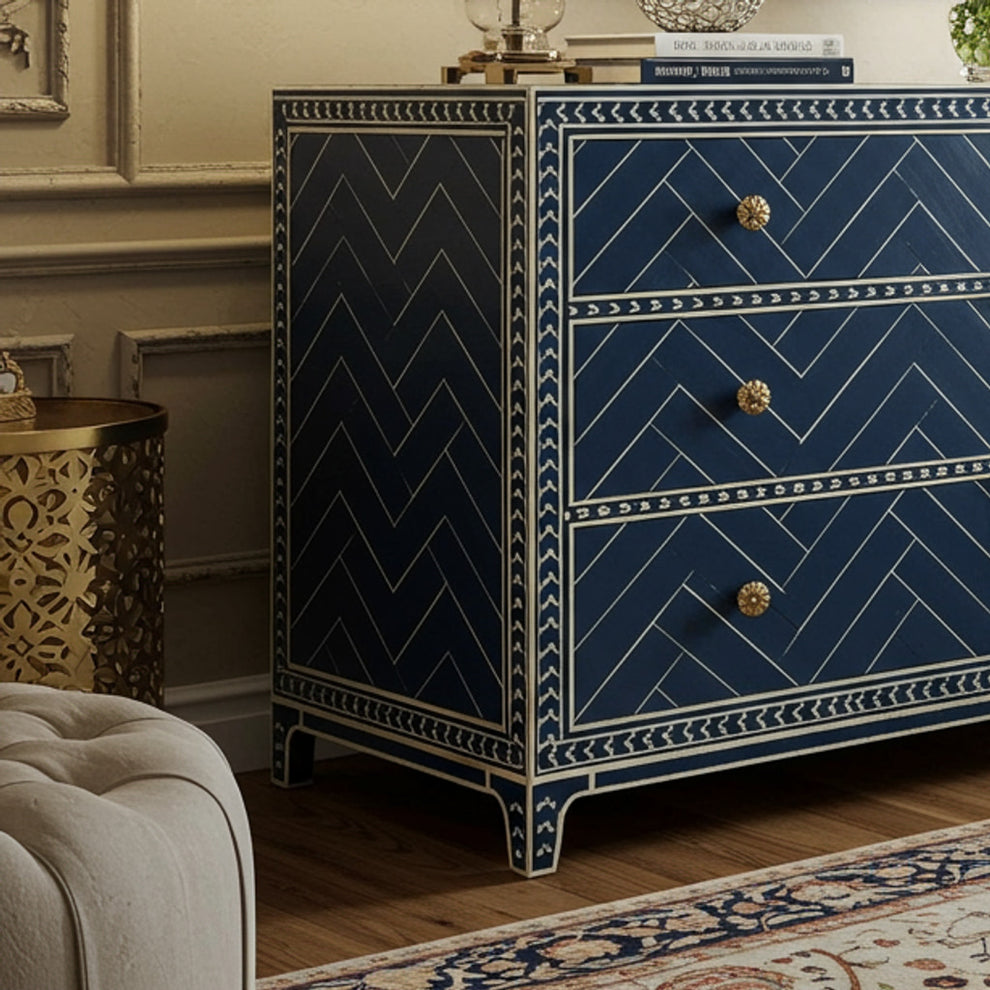 Elegant Navy Blue Chevron Pattern Dresser With Gold Accents – Menthome USA