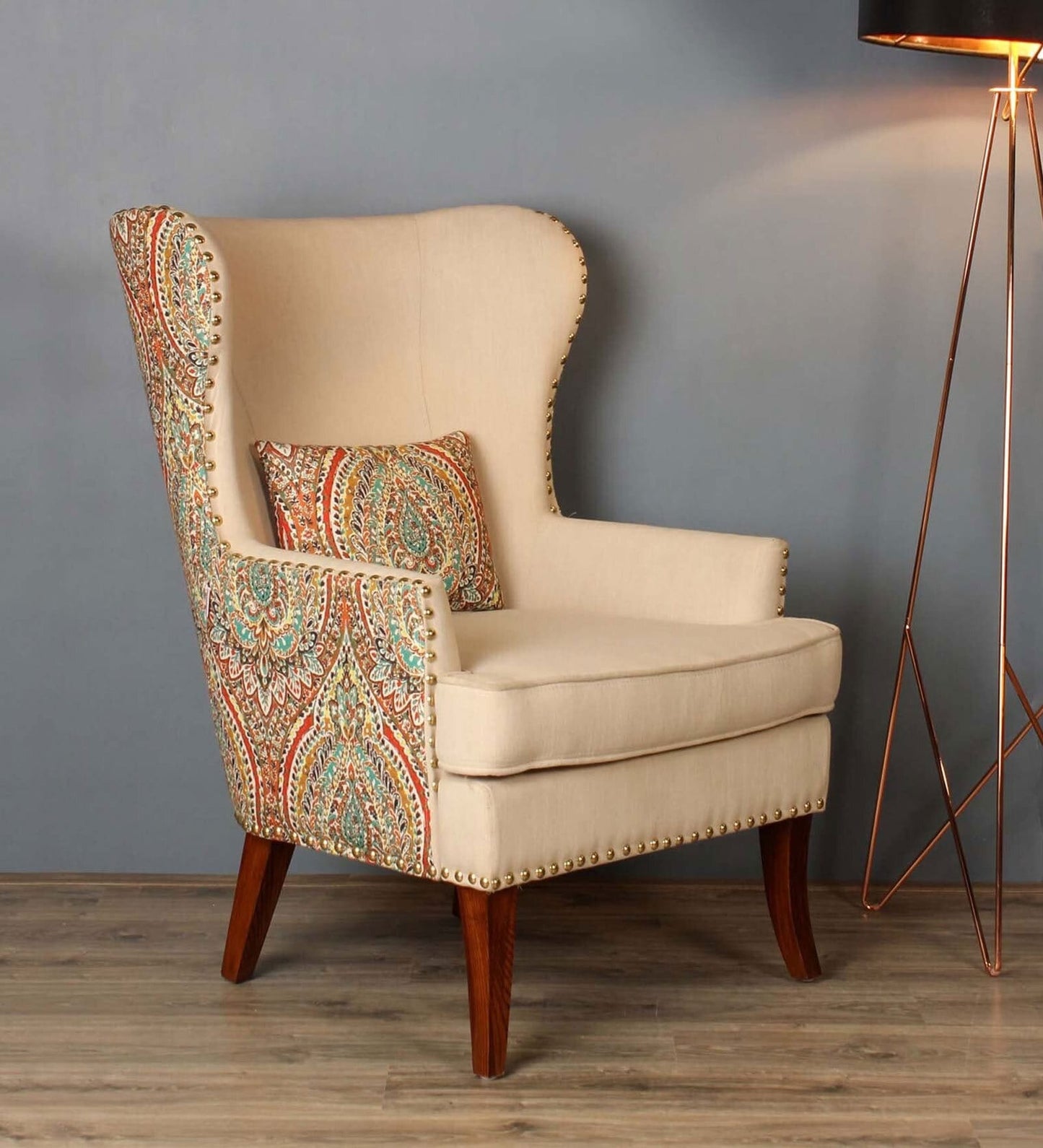 Fabric Wing Chair In Beige Floral Colour,