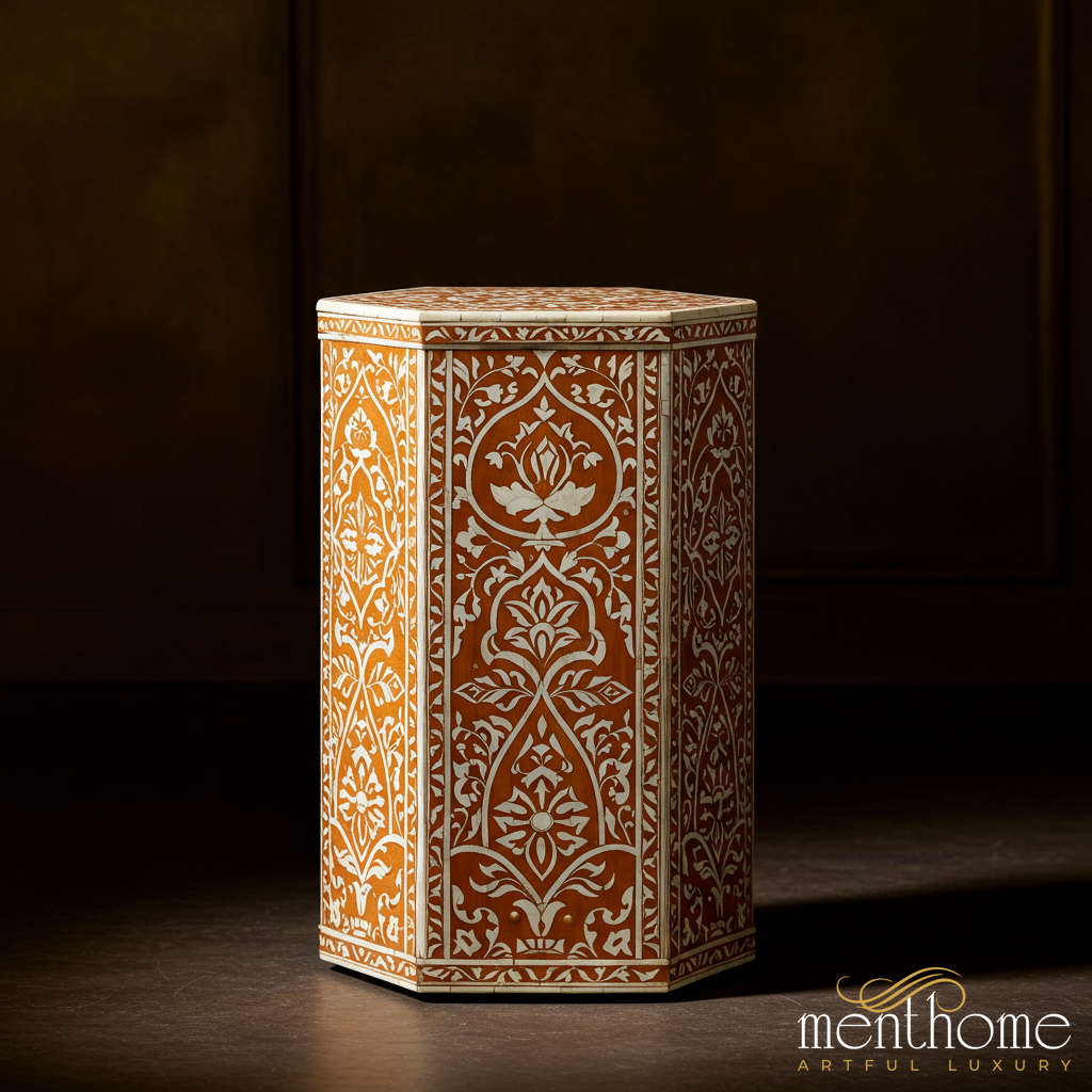 Handcrafted Ornate Wooden Bin | Luxury Handmade Side Table