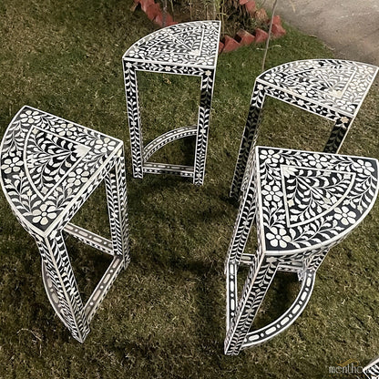 Antique Coffee Table | Bone Inlay 4 Triangular Stools | Luxury Handmade Coffee Table
