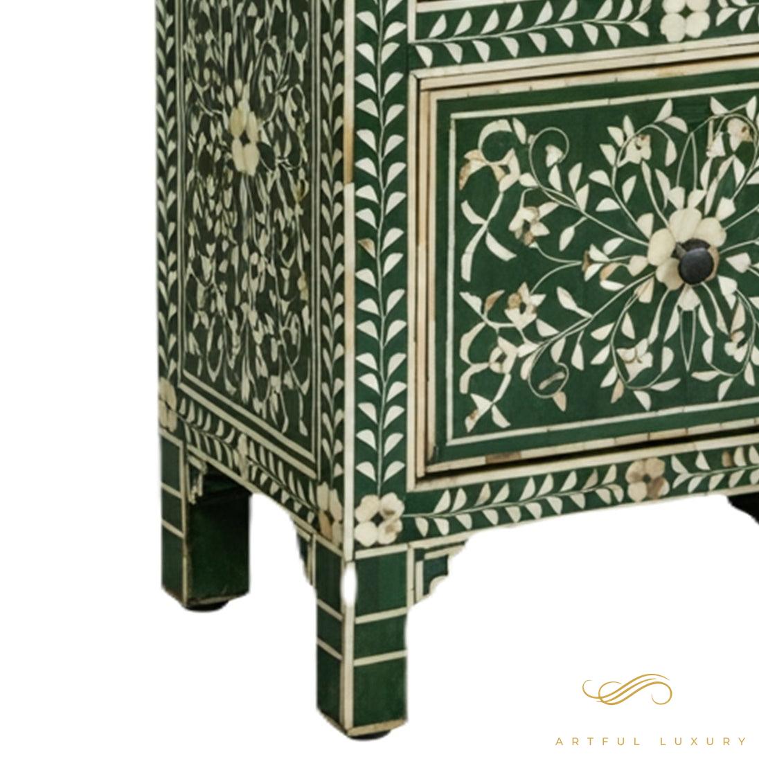 Floral Pattern Two Drawers Bedside Table In Green Color | Luxury Handmade Bedside Table