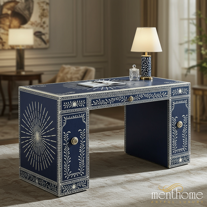 Vintage Blue and White Hand-Painted Decorative Desk | Luxury Handmade Desk