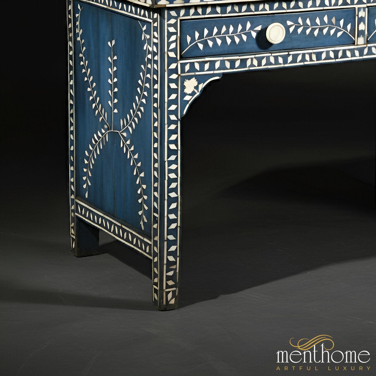 Perfect Blend of Style and Function Bone Inlay Navy Blue Desk | Bone Inlay Writing Desk | Timeless Craftsmanship | Luxury Handmade Desk
