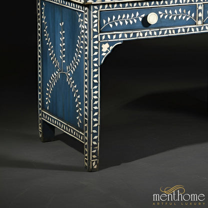 Perfect Blend of Style and Function Bone Inlay Navy Blue Desk | Bone Inlay Writing Desk | Timeless Craftsmanship | Luxury Handmade Desk