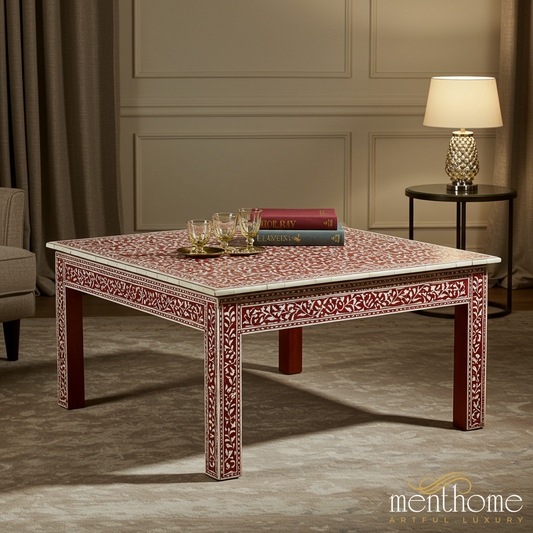Handcrafted Red Bone Inlay Coffee Table | Luxury Handmade Coffee Table
