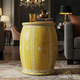Elegant Mustard and Gold Ceramic Drum Stool | Luxury Handmade Side Table