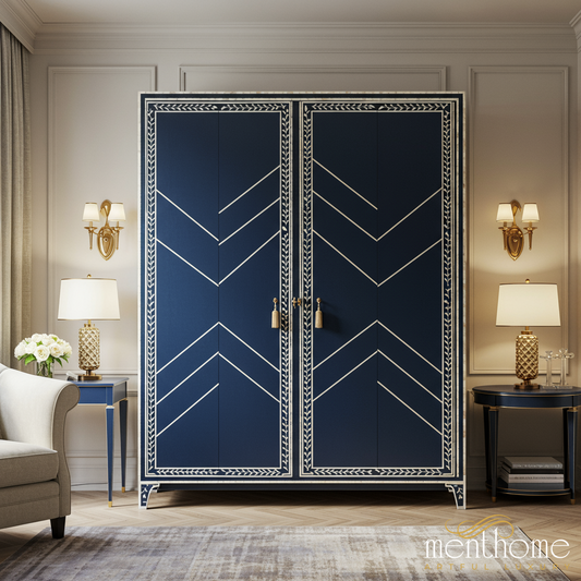 Elegant Navy Blue Wardrobe with Geometric Inlay Design | Luxury Handmade Wardrobe