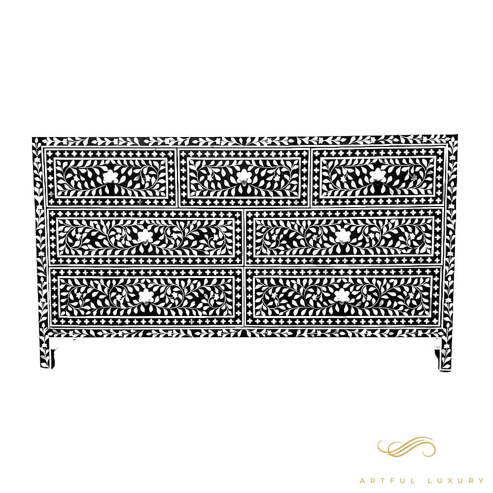 Bone Inlay 7 Drawer dressers floral grey | Luxury Handmade Dresser